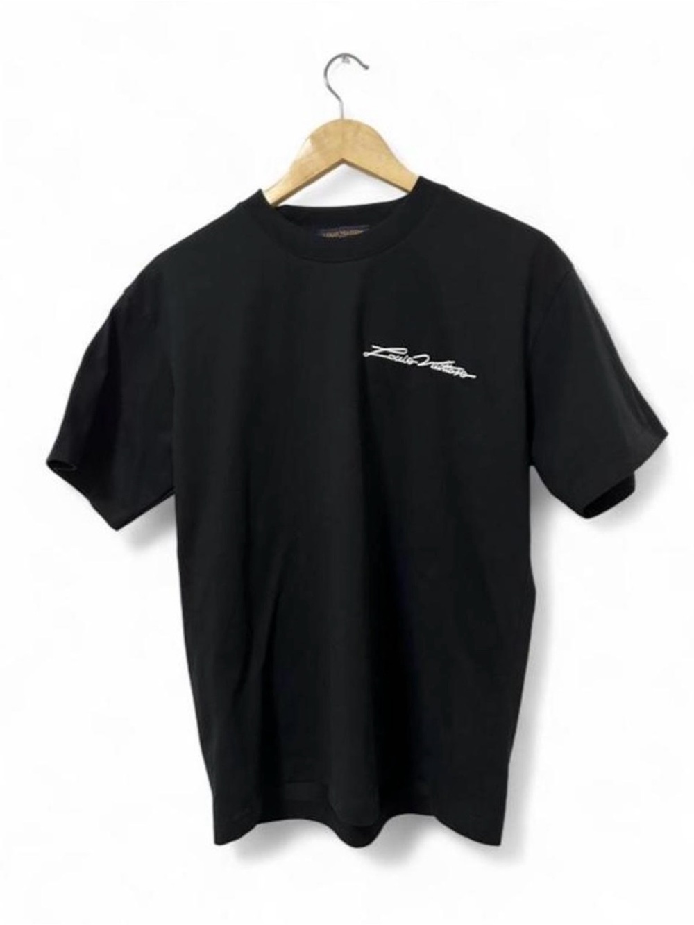 Louis Vuitton Black Crew Neck T-Shirt with White Script Logo